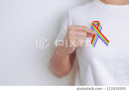 LGBT pride month concept or LGBTQ or LGBTQIA with rainbow ribbon for Lesbian, Gay, Bisexual, Transgender, Queer, Intersex, Asexual, Agender, Non Binary, Two Spirit, Pansexual and Demisexual 113839395