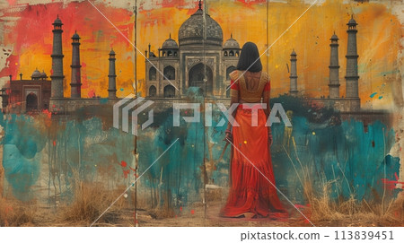 collage of Indian woman and Taj Mahal 113839451