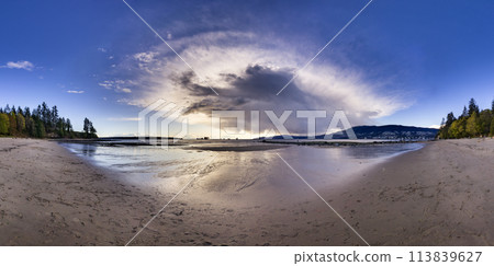 Dramatic Sunset on the beach. Panorama. Stanley Park, Vancouver, BC, Canada 113839627