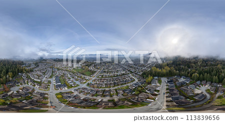 Aerial 360 View of Residential Homes in Chilliwack. Cloudy and Foggy Morning. Aerial 360 View of Residential Homes in Chilliwack. Cloudy and Foggy Morning. 113839656