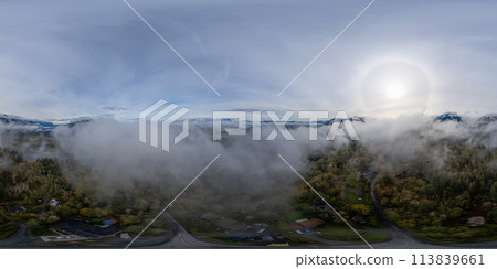 Aerial 360 View of Residential Homes in Chilliwack. Cloudy and Foggy Morning. Aerial 360 View of Residential Homes in Chilliwack. Cloudy and Foggy Morning. 113839661