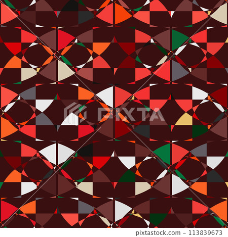 A creative arts textile design featuring colorful geometric shapes like rectangles, triangles, and leaflike patterns on a dark brown background. A creative arts textile design featuring colorful geometric shapes like rectangles, triangles, and leaflike patterns on a dark brown background. 113839673