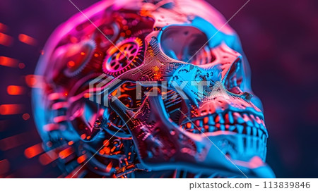 Futuristic Mechanical Skull with Vibrant Neon Illumination 113839846