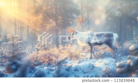 Magical Winter Forest with Reindeer and Sunlight Streaming Through Pines 113839848