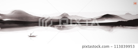 Chinese ink wash painting depicting tranquil mountains reflected in the still waters of a serene lake and fisherman in a boat. Traditional oriental ink painting sumi-e, u-sin, go-hua. Hieroglyph - zen 113839953