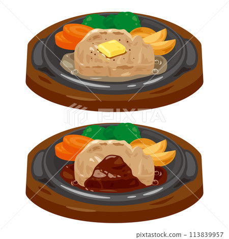 Pork steak served on a hot plate 113839957