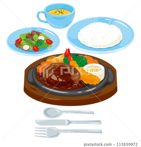 Hamburg steak and fried shrimp lunch set Hamburg steak and fried shrimp lunch set 113839972