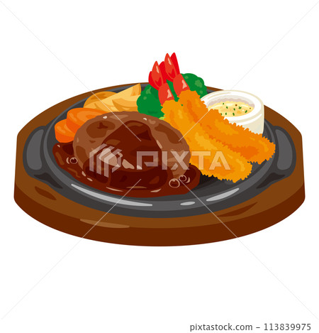 Hamburg steak and fried shrimp served on a hot plate 113839975