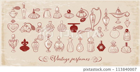 Collection of doodle vintage perfume bottles on vintage background. Vector sketch illustration 113840007