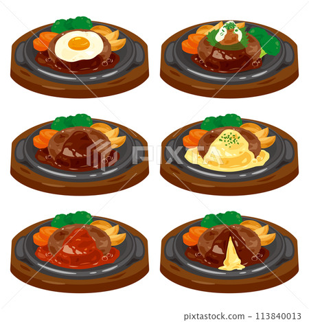 各種漢堡牛排套餐放在鐵板上 各種漢堡牛排套餐放在鐵板上 113840013