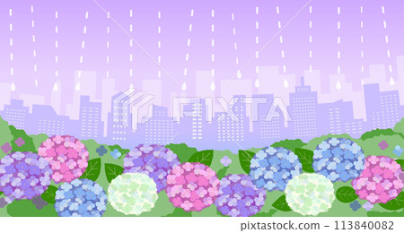 Vector image of a rainy cityscape with buildings and a hydrangea flower field 113840082