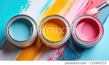 colored paints in a jar on a multi-colored background 113840135