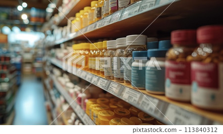 shelves with a variety of medications 113840312