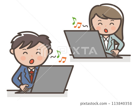 Illustration of the upper body of a male and female businessman happily working on a laptop while humming 113840358