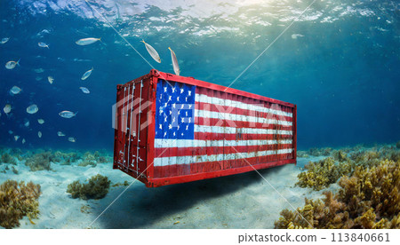 The container has symbols of the flag of the United States America  was lost and submerged underwater 113840661