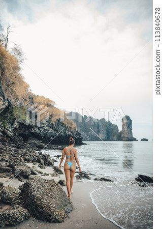 Woman in bikini walking on the beach Woman in bikini walking on the beach 113840678