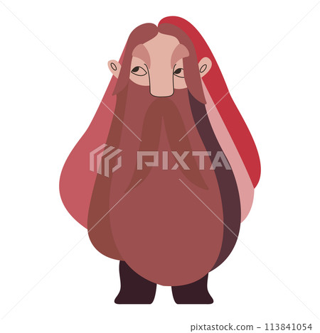 A gnome with a very long red beard, mustache and hair. Vector illustration for packaging, greeting cards and wrapping paper, gifts, posters. A gnome with a very long red beard, mustache and hair. Vector illustration for packaging, greeting cards and wrapping paper, gifts, posters. 113841054