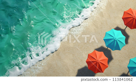 Sand beach with colorful umbrellas 113841062