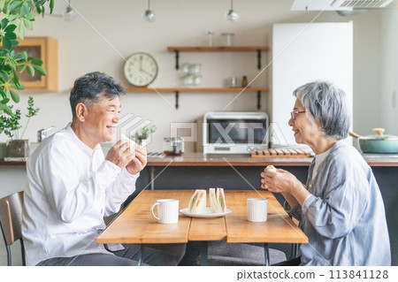 Senior/elderly couple having breakfast/lunch at home 113841128