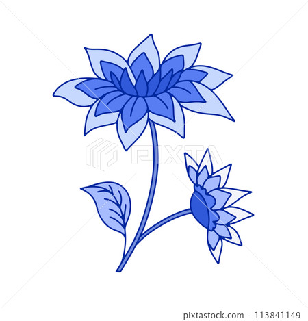 Monochrome blue floral chinoiserie style flower isolated on white background 113841149