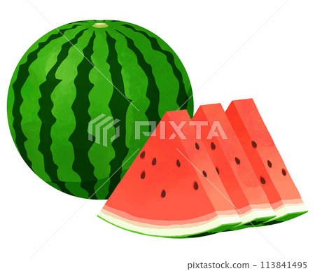 A whole watermelon and three slices of red watermelon 113841495