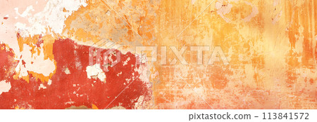 Grunge background with texture of cracked stucco. Horizontal banner with old stucco wall texture of beige color and cracked paint of red, pink, yellow color. Mock up template. Copy space for text 113841572