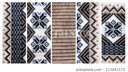 Set of horizontal or vertical banners with wool sweater texture of light brown, dark brown and white color with geometric ornament. Collection of natural knitted wool material with decorative ornament 113841573