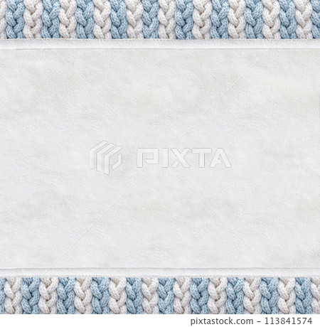 Horizontal or vertical backdrop with suede texture and wool border with pigtailed ornament. Christmas background with suede leather and plaited frame of light blue and white color. Copy space for text 113841574