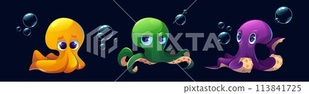 Octopus characters set isolated on black Octopus characters set isolated on black 113841725