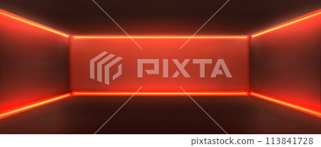 Red studio room with neon light lamps on walls. Red studio room with neon light lamps on walls. 113841728