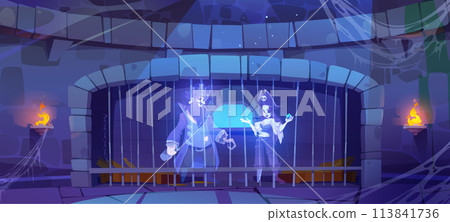 Pirate ghost in castle jail room stone interior Pirate ghost in castle jail room stone interior 113841736