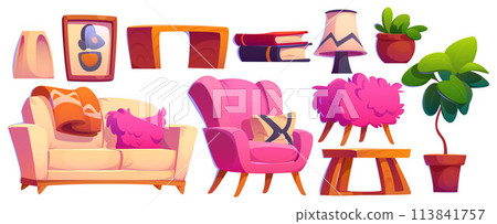 Living room interior furniture in pink colors. Living room interior furniture in pink colors. 113841757