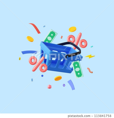 3d shopping basket with percentages and confetti 3d shopping basket with percentages and confetti 113841758