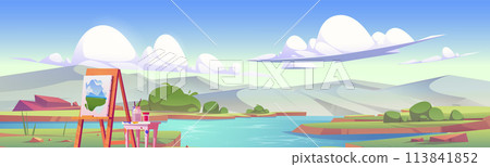 River nature and mountain landscape scene on easel 113841852