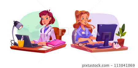 Female doctor and nurse working on computer 113841869