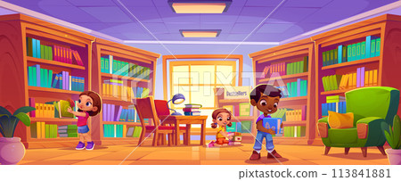 Children read book and study in school library 113841881