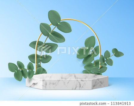 Marble product podium with green leaf branches Marble product podium with green leaf branches 113841913