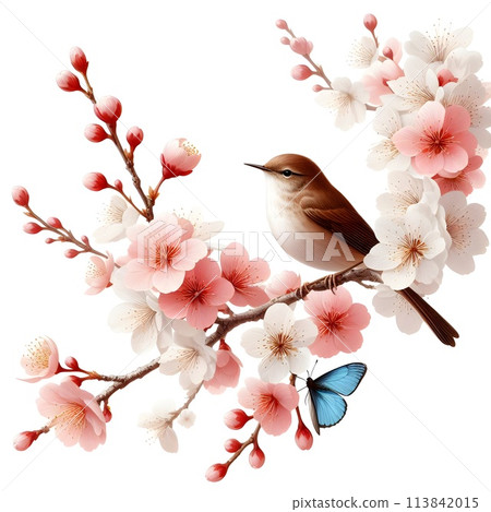 Isolation on a white background, on a pure white background. close-up of a branch of a blossoming apple tree and a small bird. A gentle butterfly flutters. Sunny day. Generative AI. Isolation on a white background, on a pure white background. close-up of a branch of a blossoming apple tree and a small bird. A gentle butterfly flutters. Sunny day. Generative AI. 113842015