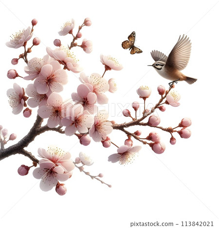Isolation on a white background, on a pure white background. close-up of a branch of a blossoming apple tree and a small bird. A gentle butterfly flutters. Sunny day. Generative AI. 113842021