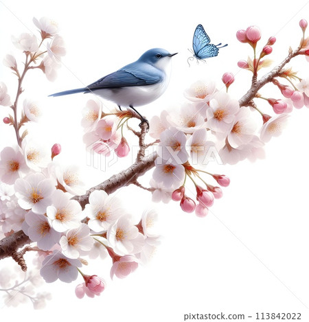 Isolation on a white background, on a pure white background. close-up of a branch of a blossoming apple tree and a small bird. A gentle butterfly flutters. Sunny day. Generative AI. Isolation on a white background, on a pure white background. close-up of a branch of a blossoming apple tree and a small bird. A gentle butterfly flutters. Sunny day. Generative AI. 113842022