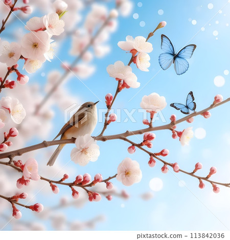 Against the background of the blue sky, a close-up of a branch of a blooming apple tree and a small bird. Sunny day, A gentle butterfly flutters. Generative AI. 113842036