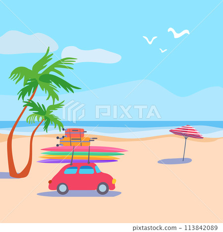 Summer sea Ocean shore Car suitcases surfboard Beach striped umbrella. Marine poster banner Tropical coast palm tree. Retro Flat Vector Summer sea Ocean shore Car suitcases surfboard Beach striped umbrella. Marine poster banner Tropical coast palm tree. Retro Flat Vector 113842089