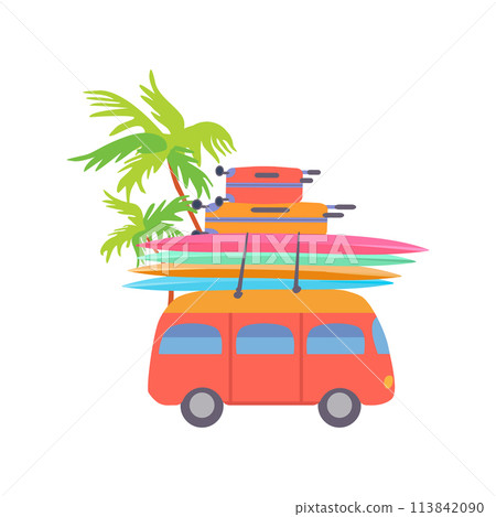 Isolated cute retro Orange bus Yellow red suitcases Multicolored surfboards Tropical palm tree Flat vector print summer poster poster clothing paper Isolated cute retro Orange bus Yellow red suitcases Multicolored surfboards Tropical palm tree Flat vector print summer poster poster clothing paper 113842090