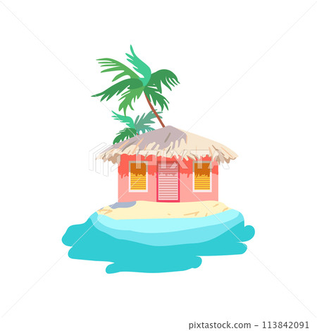 Isolated pink bungalow thatched roof Yellow sand Tropical palm Sea shore Vacation marine Flat vector print summer poster poster clothing paper 113842091