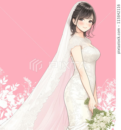 女孩卡通風格插畫新娘穿著婚紗 113842116