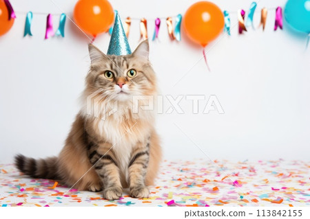 AI generated Cute birthday cat with confetti, balloons and in party hat on white background. 113842155