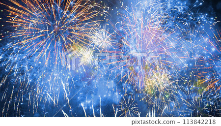 blue Firework celebrate anniversary happy new year 2024, 4th of july holiday festival. blue firework in night time celebrate national holiday. Countdown to new year 2023 festival party time event 113842218