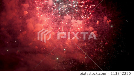 Red Firework celebrate anniversary in night time celebrate national holiday. Happy new year 2024, 4th of july holiday festival. Red firework Countdown to new year 2024 festival party time event Red Firework celebrate anniversary in night time celebrate national holiday. Happy new year 2024, 4th of july holiday festival. Red firework Countdown to new year 2024 festival party time event 113842230