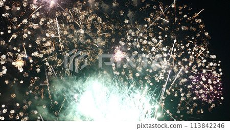 Green Firework celebrate anniversary happy new year 2022, 4th of july holiday festival. Green firework in night time celebrate national holiday. Countdown to new year 2022 festival party time event Green Firework celebrate anniversary happy new year 2022, 4th of july holiday festival. Green firework in night time celebrate national holiday. Countdown to new year 2022 festival party time event 113842246