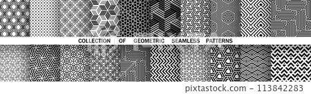 Geometric set of seamless black and white patterns. Simple vector graphics. 113842283